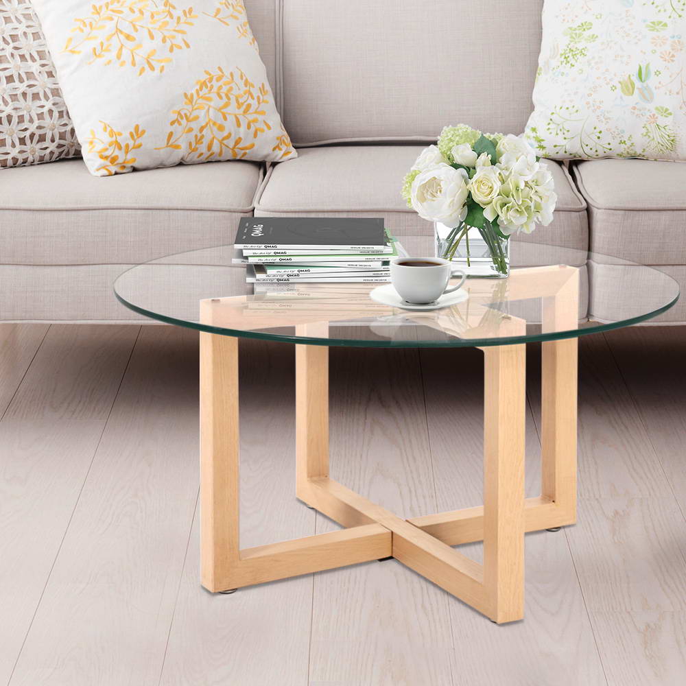 Artiss Tempered Glass Round Coffee Table - Beige-Furniture > Dining - Peroz Australia - Image - 7