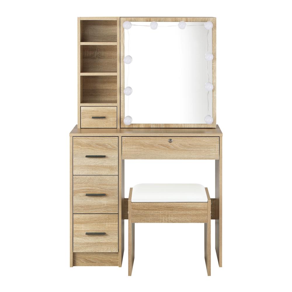 Oikiture Dressing Table Stool Set Makeup Slide Mirror Drawer 10 LED Bulbs Wooden-Dressing Table-PEROZ Accessories