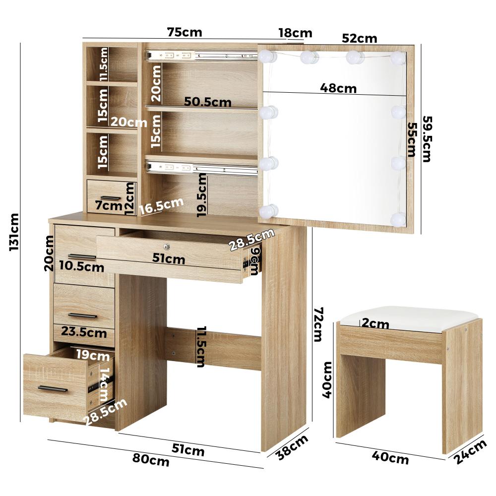Oikiture Dressing Table Stool Set Makeup Slide Mirror Drawer 10 LED Bulbs Wooden-Dressing Table-PEROZ Accessories