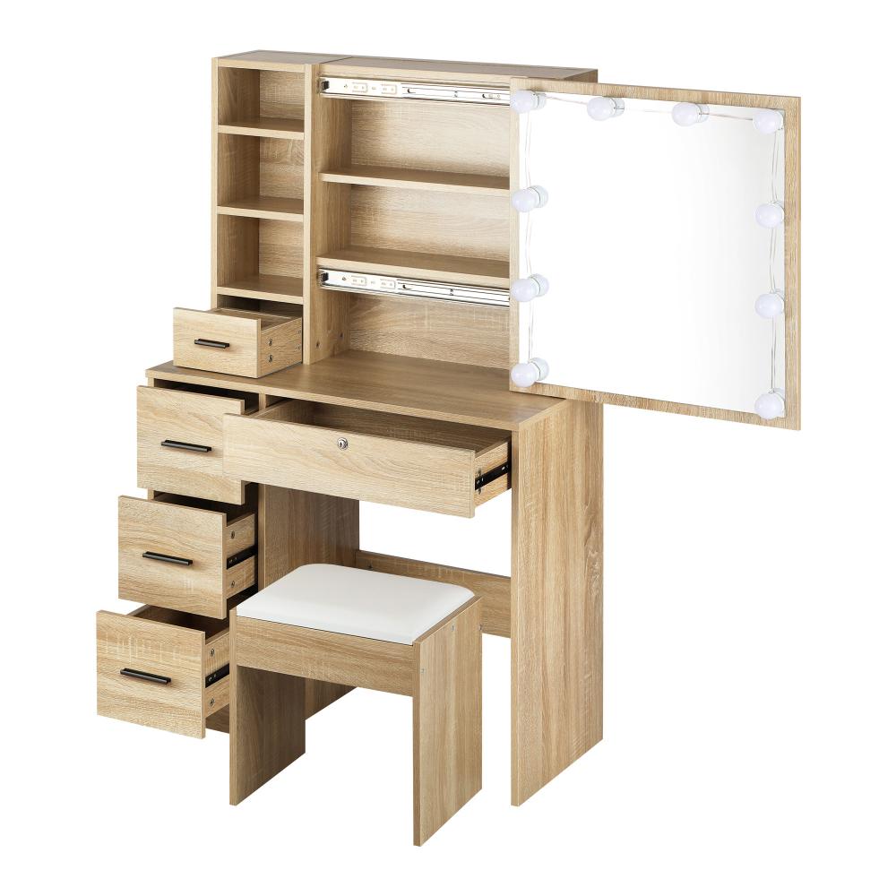 Oikiture Dressing Table Stool Set Makeup Slide Mirror Drawer 10 LED Bulbs Wooden-Dressing Table-PEROZ Accessories