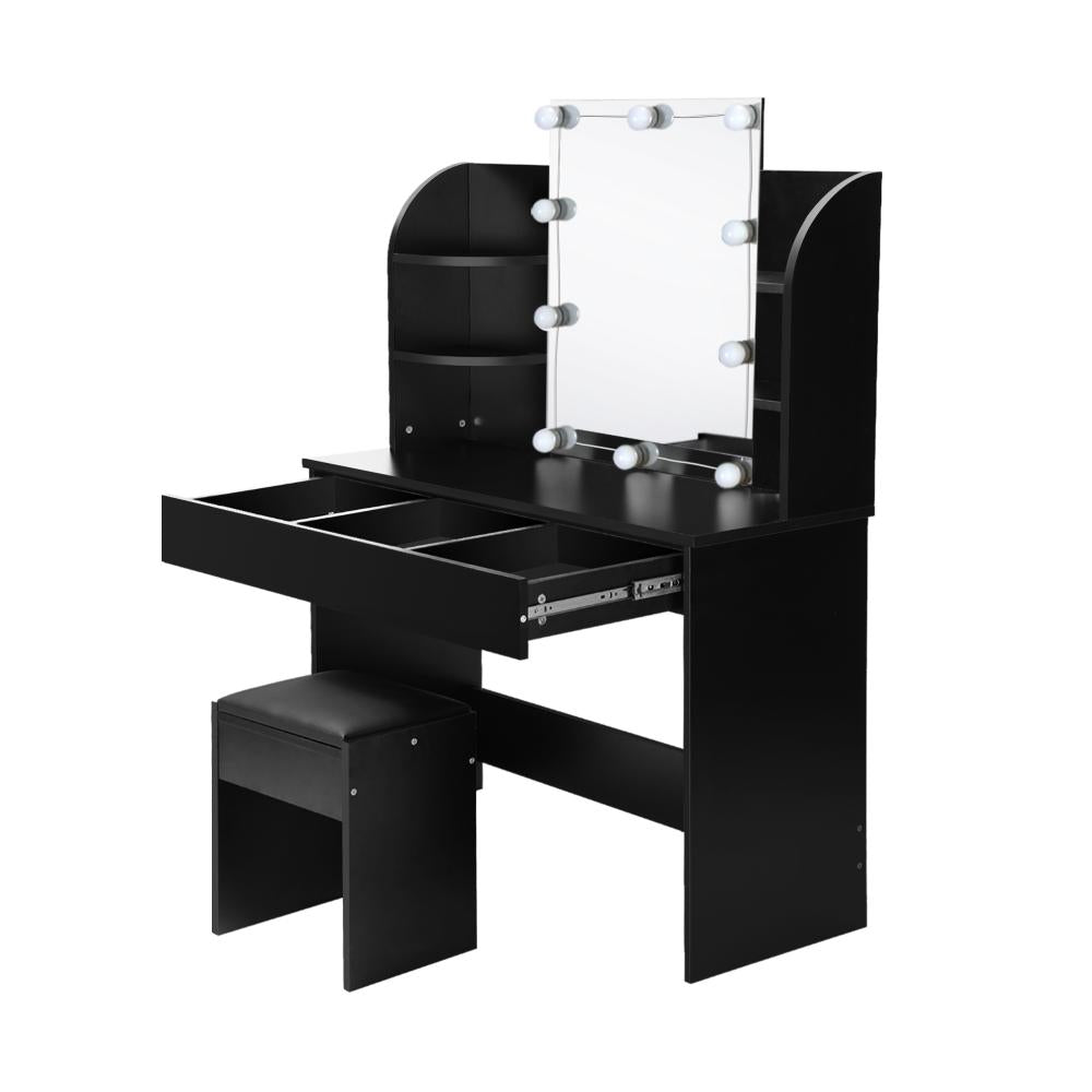 Oikiture Dressing Table Stool Set Makeup Mirror Storage Drawer 10LED Bulbs Black-Dressing Table-PEROZ Accessories