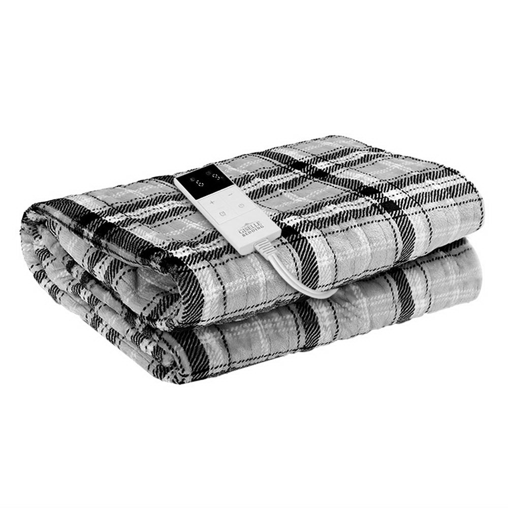 Giselle Bedding Electric Throw Rug Flannel Snuggle Blanket Washable Heated Grey and White Checkered-Electric Throw Blanket-PEROZ Accessories