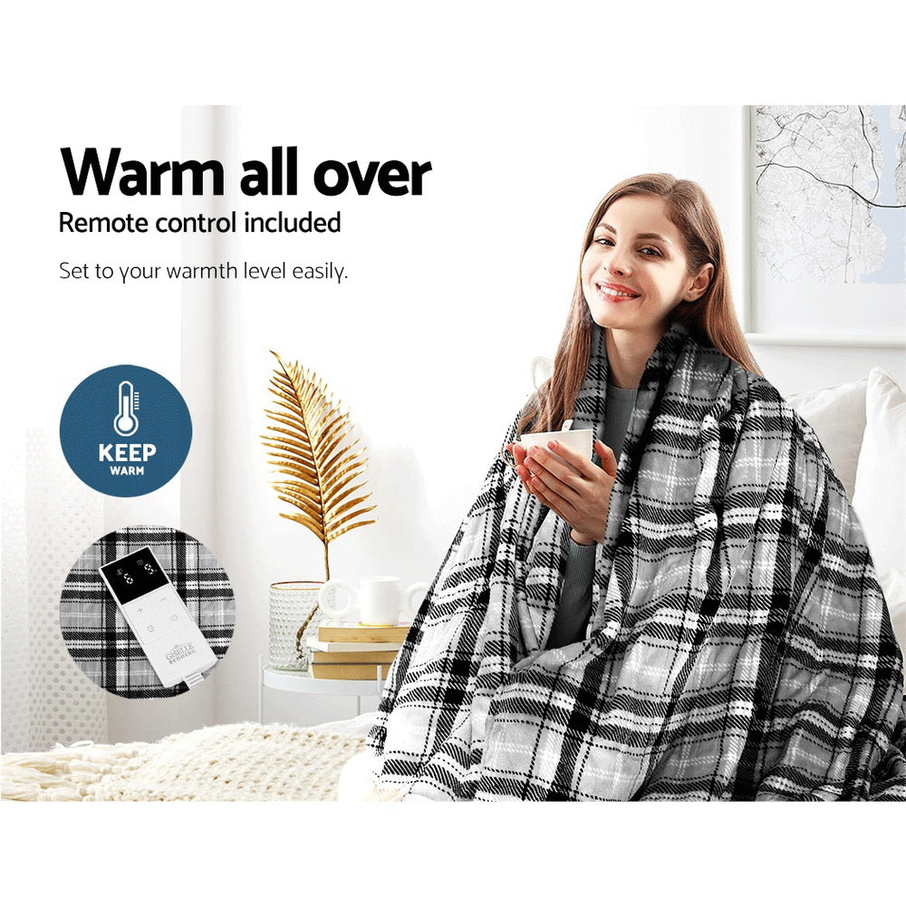 Giselle Bedding Electric Throw Rug Flannel Snuggle Blanket Washable Heated Grey and White Checkered-Electric Throw Blanket-PEROZ Accessories
