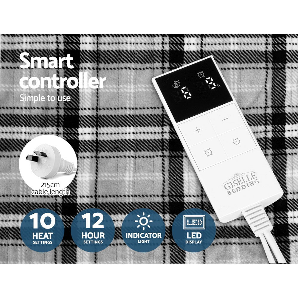 Giselle Bedding Electric Throw Rug Flannel Snuggle Blanket Washable Heated Grey and White Checkered-Electric Throw Blanket-PEROZ Accessories