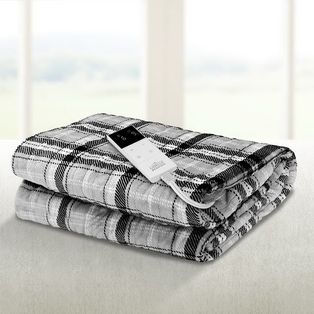 Giselle Bedding Electric Throw Rug Flannel Snuggle Blanket Washable Heated Grey and White Checkered-Electric Throw Blanket-PEROZ Accessories