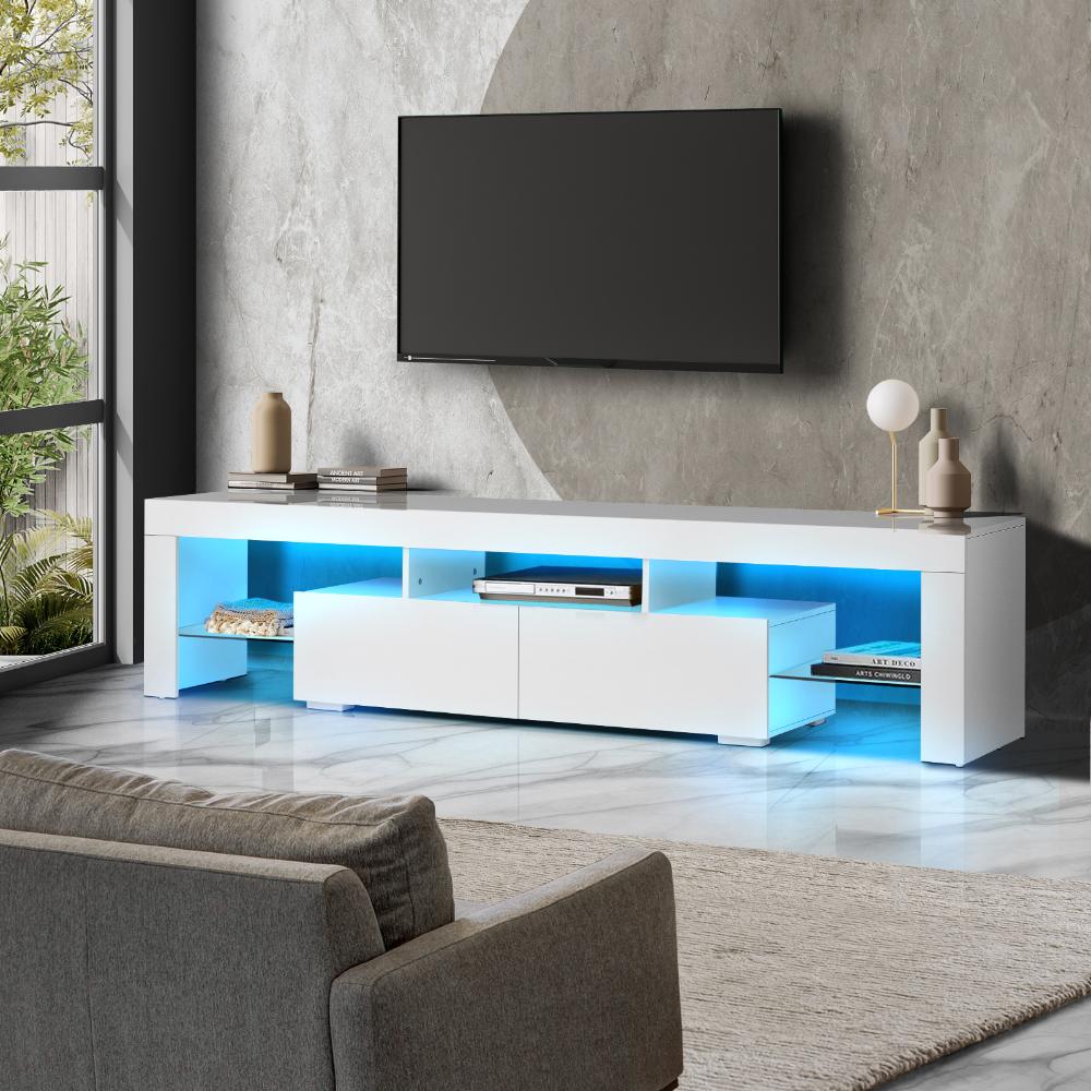 Oikiture TV Cabinet Entertainment Unit Stand LED RGB Gloss Furniture White 180CM-Entertainment Unit-PEROZ Accessories