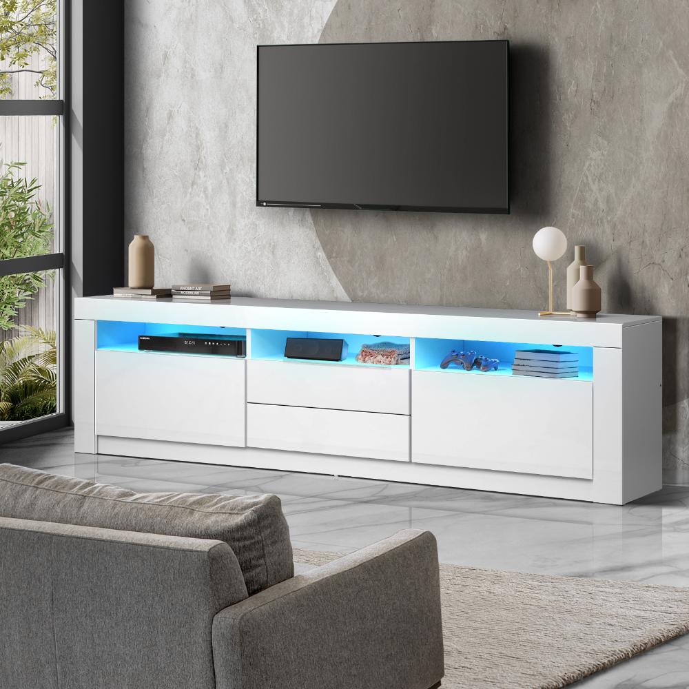 Oikiture TV Cabinet Entertainment Unit Stand RGB LED Gloss Furniture White 180CM-Entertainment Unit-PEROZ Accessories