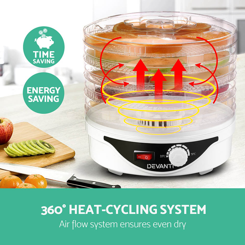 Devanti 5 Trays Food Dehydrator Fruit Dehydrators Pet Beef Jerky Dryer White-Appliances > Kitchen Appliances-PEROZ Accessories