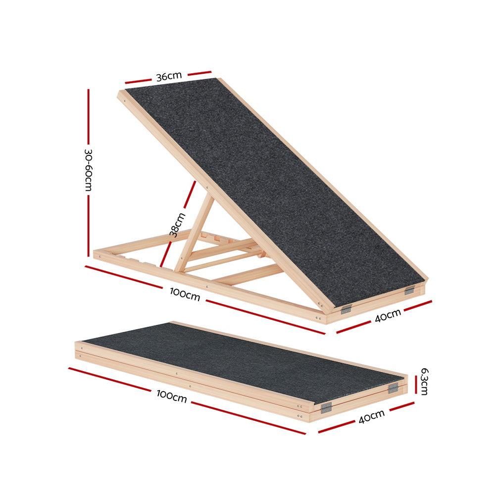 i.Pet Dog Ramp 100cm Adjustable Height Wooden Steps Stairs For Bed Sofa Car Foldable-Pet Care > Dog Supplies-PEROZ Accessories
