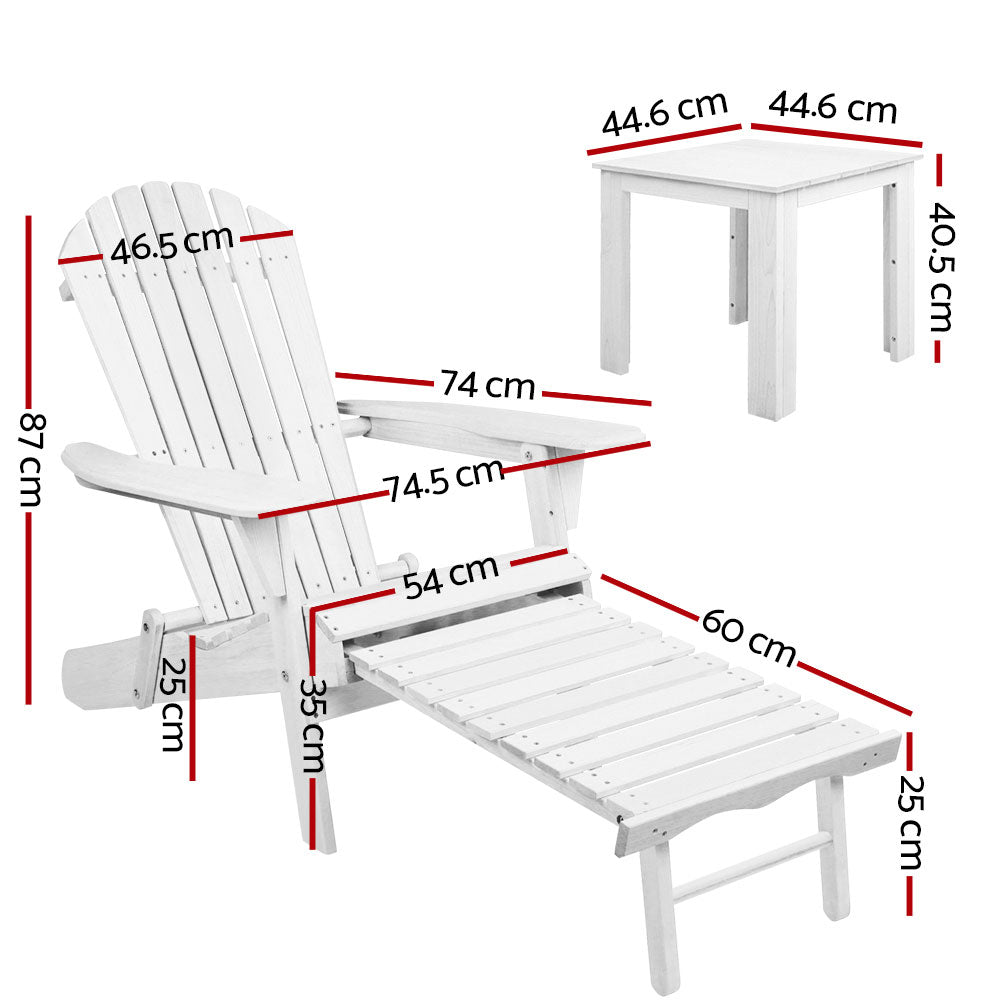 Gardeon 3 Piece Outdoor Adirondack Lounge Beach Chair Set - White-Furniture > Outdoor-PEROZ Accessories