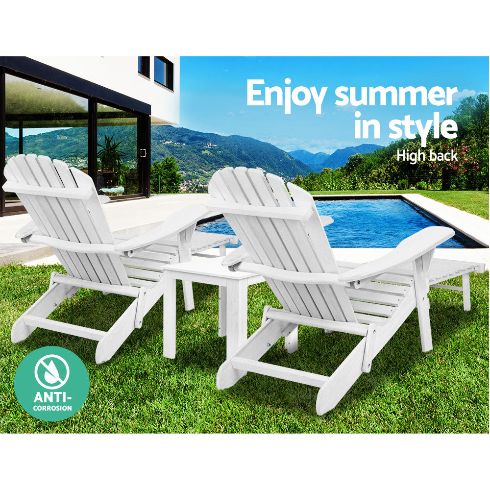 Gardeon 3 Piece Outdoor Adirondack Lounge Beach Chair Set - White-Furniture > Outdoor-PEROZ Accessories