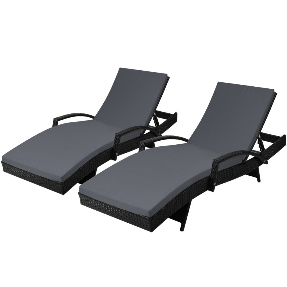 Gardeon Set of 2 Outdoor Sun Lounge Chair with Cushion - Black-Furniture > Outdoor-PEROZ Accessories
