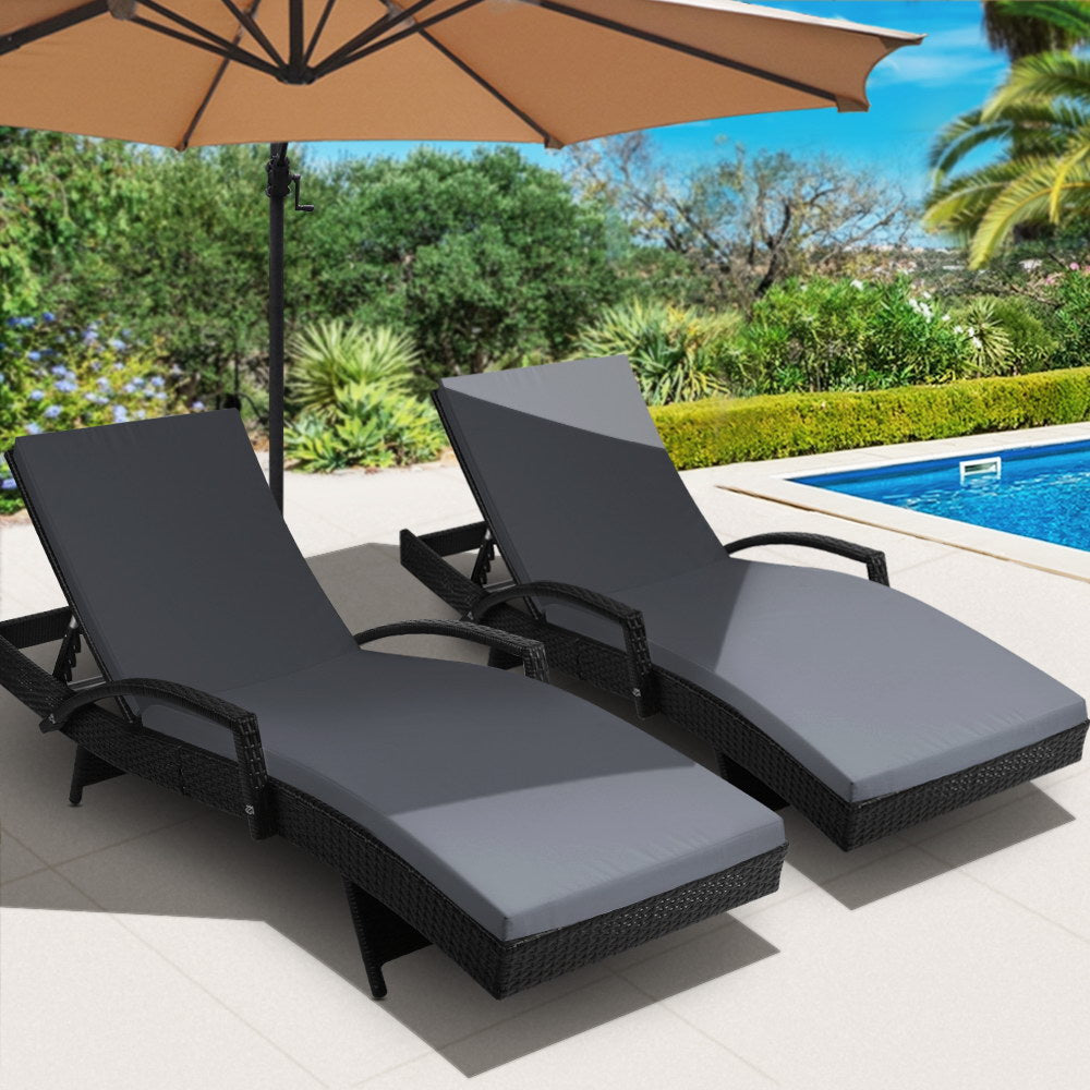 Gardeon Set of 2 Outdoor Sun Lounge Chair with Cushion - Black-Furniture &gt; Outdoor-PEROZ Accessories