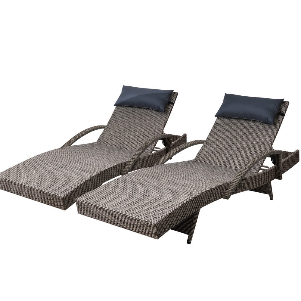 Gardeon Set of 2 Sun Lounge Outdoor Furniture Wicker Lounger Rattan Day Bed Garden Patio Grey-Furniture > Outdoor-PEROZ Accessories
