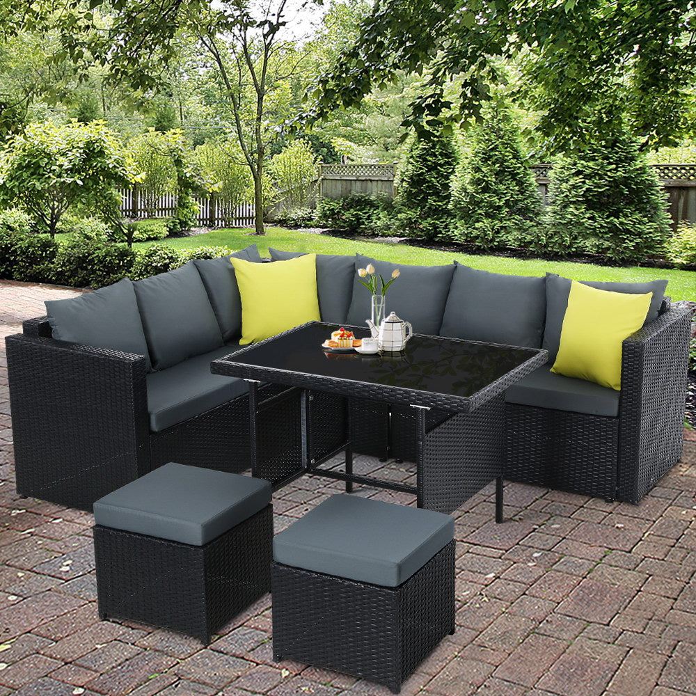 Gardeon Outdoor Furniture Patio Set Dining Sofa Table Chair Lounge Wicker Garden Black-Furniture > Outdoor-PEROZ Accessories
