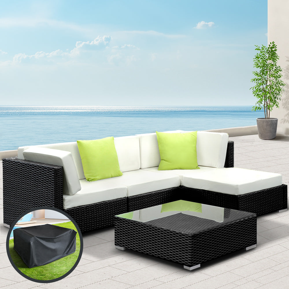 Gardeon 5PC Sofa Set with Storage Cover Outdoor Furniture Wicker-Furniture &gt; Outdoor-PEROZ Accessories