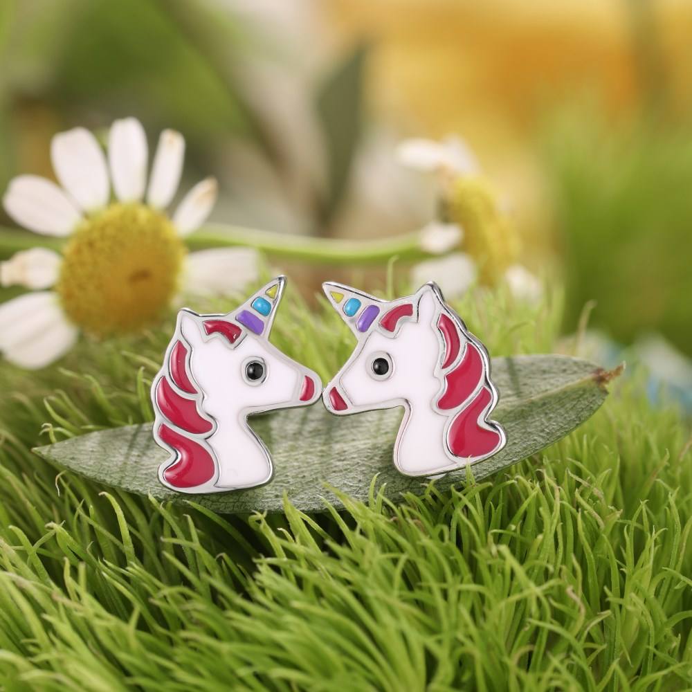 Anyco Earrings Unicorn Shape Hypoallergenic Nickel 925 Sterling Silver CZ Cubic Zirconia Tiny Enamel Stud Earrings for Kid-Earrings-PEROZ Accessories
