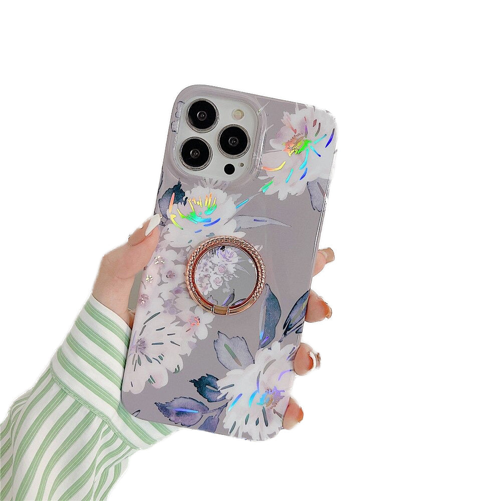 Anymob iPhone Case Gray Laser Retro Flowers with Ring Holder Soft Cover Compatible-Mobile Phone Cases-PEROZ Accessories