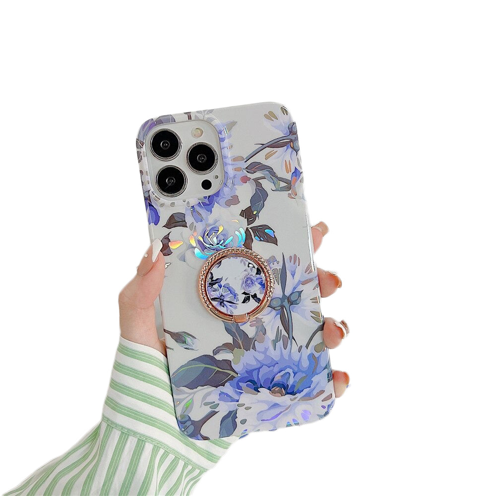 Anymob iPhone Case Blue Laser Retro Flowers with Ring Holder Soft Cover Compatible-Mobile Phone Cases-PEROZ Accessories