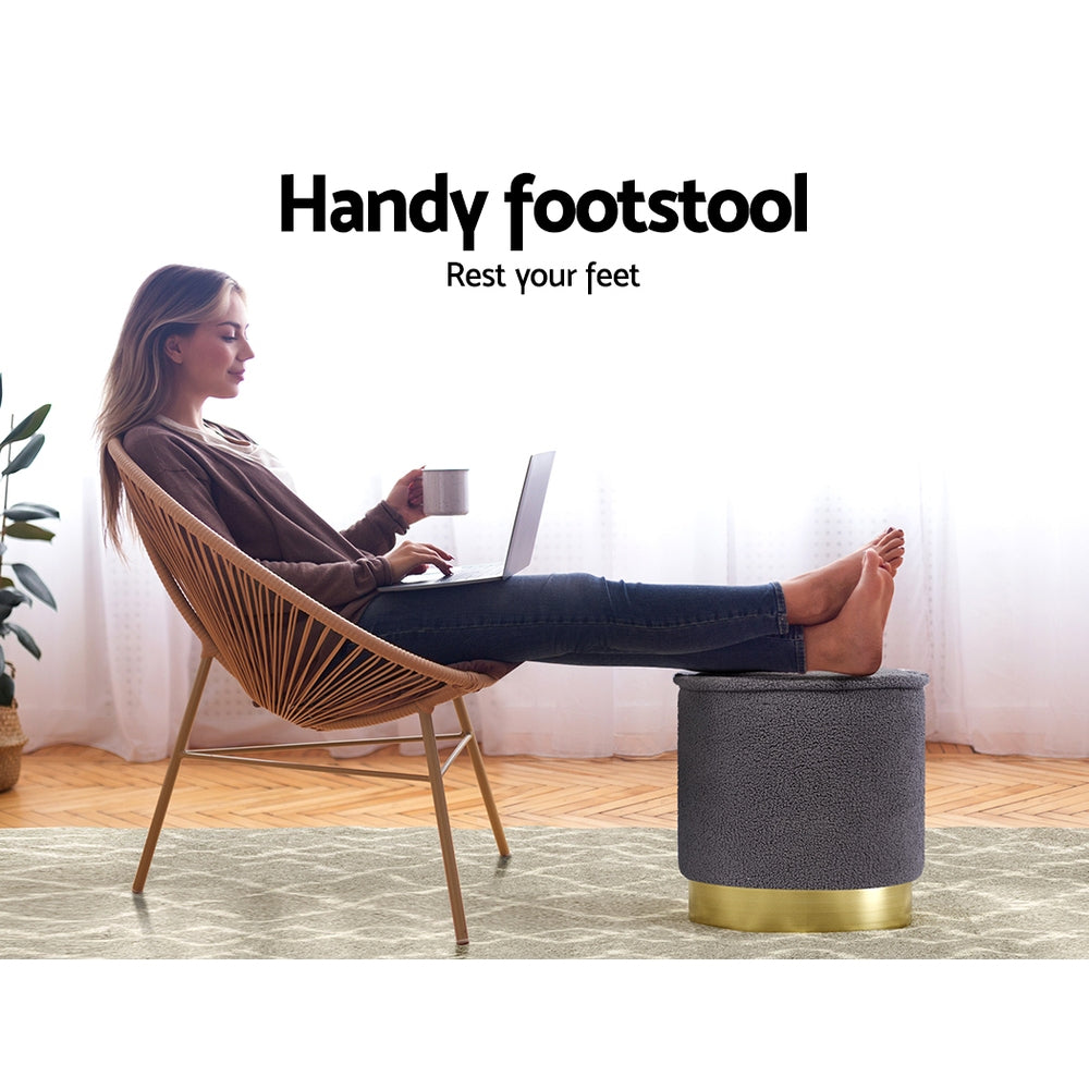 Artiss Ottoman Round Foot Stool Teddy Fabric Foot Rest Padded Seat Charcoal-Furniture > Living Room - Peroz Australia - Image - 4