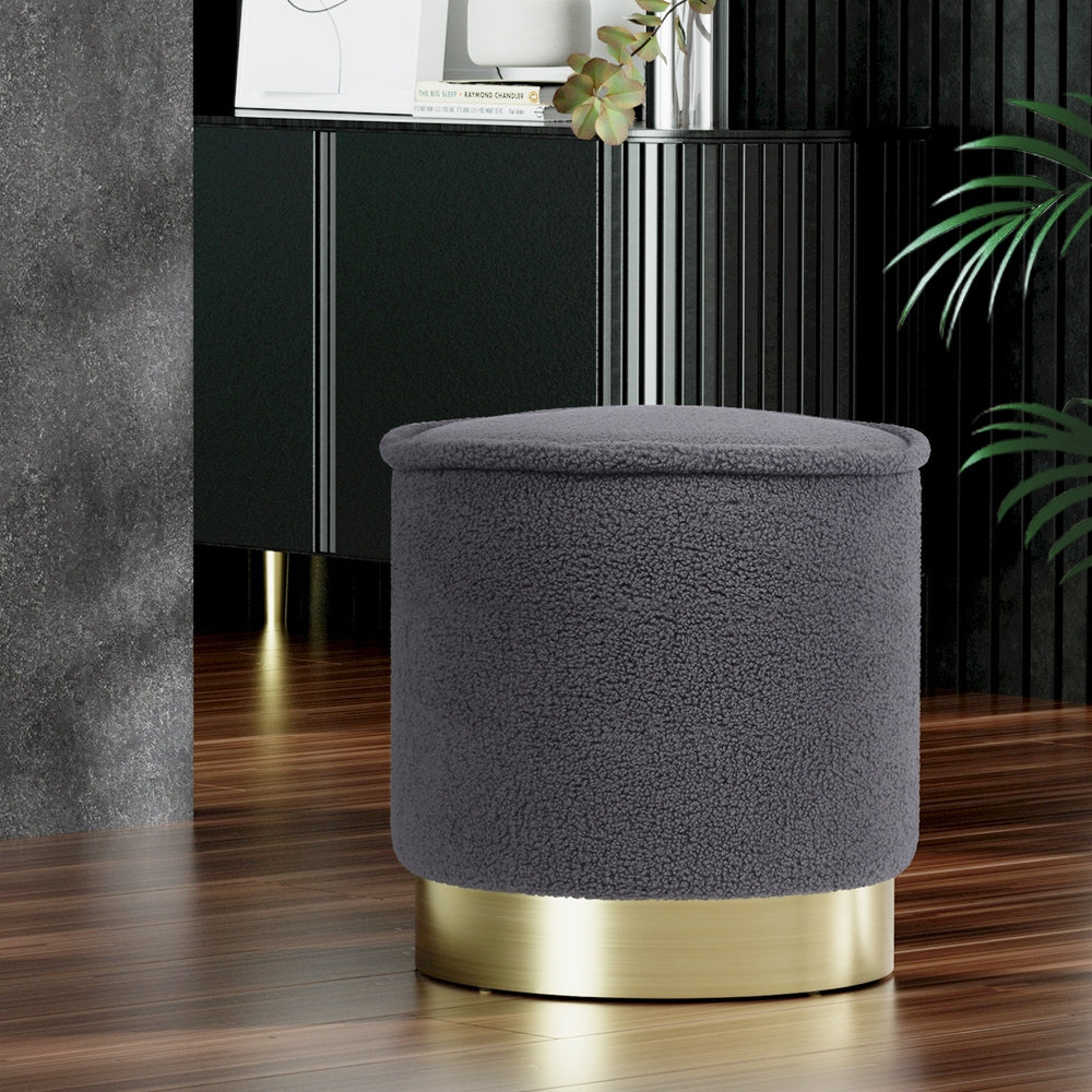 Artiss Ottoman Round Foot Stool Teddy Fabric Foot Rest Padded Seat Charcoal-Furniture > Living Room - Peroz Australia - Image - 8