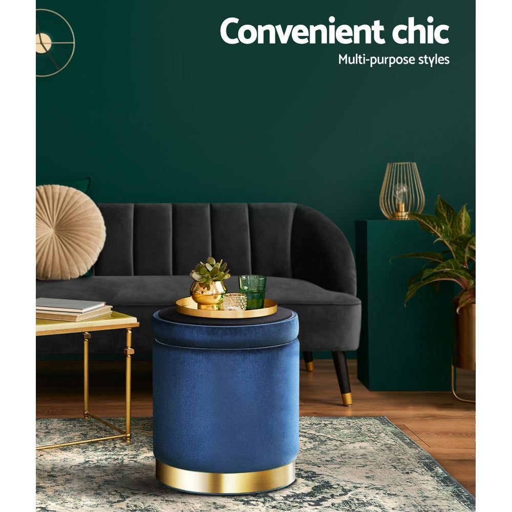 Artiss Foot Stool Round Velvet Storage Ottoman Foot Rest Pouffe Footstool Navy-Furniture > Living Room - Peroz Australia - Image - 8