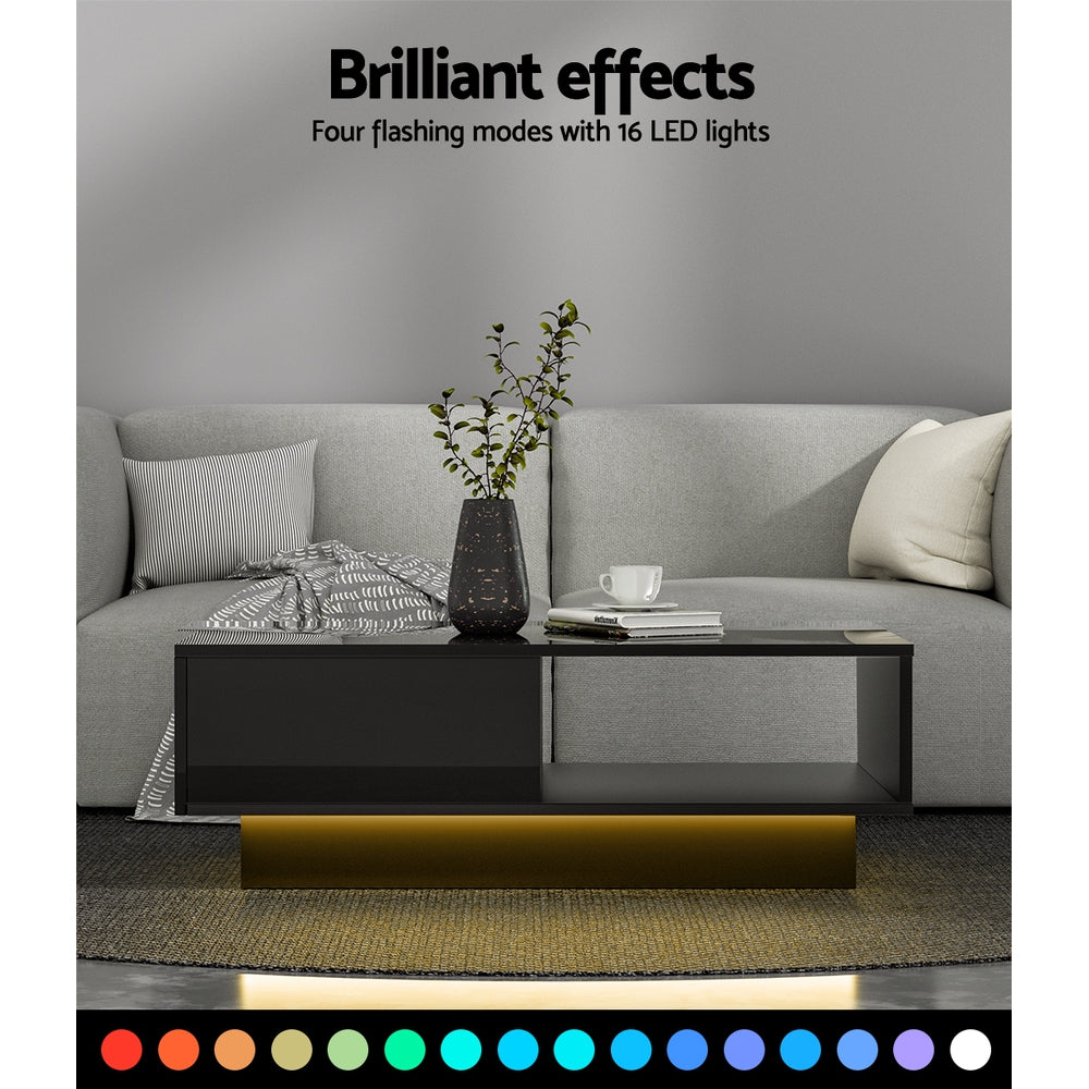 Artiss Coffee Table LED Lights High Gloss Storage Drawer Modern Furniture Black-Furniture > Living Room - Peroz Australia - Image - 6