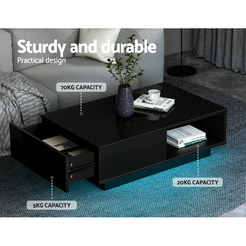 Artiss Coffee Table LED Lights High Gloss Storage Drawer Modern Furniture Black-Furniture > Living Room - Peroz Australia - Image - 8