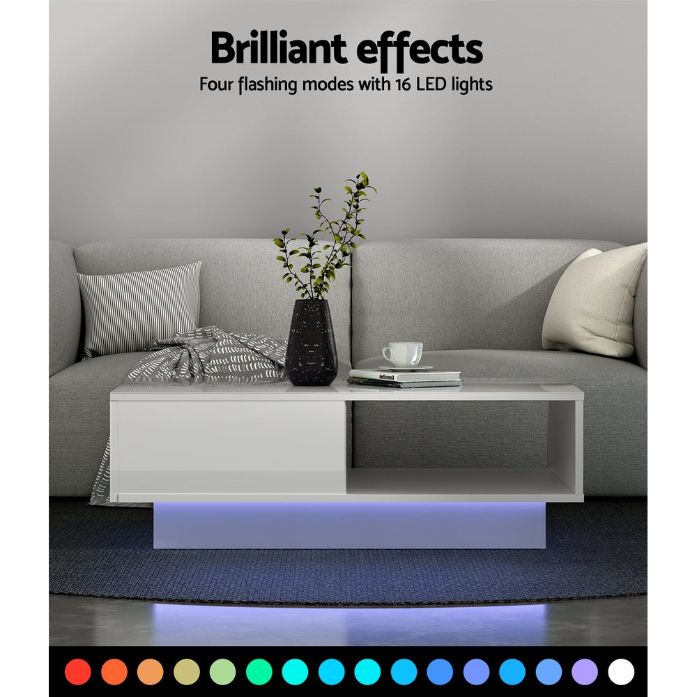 Artiss Coffee Table LED Lights High Gloss Storage Drawer Modern Furniture White-Furniture > Living Room - Peroz Australia - Image - 5