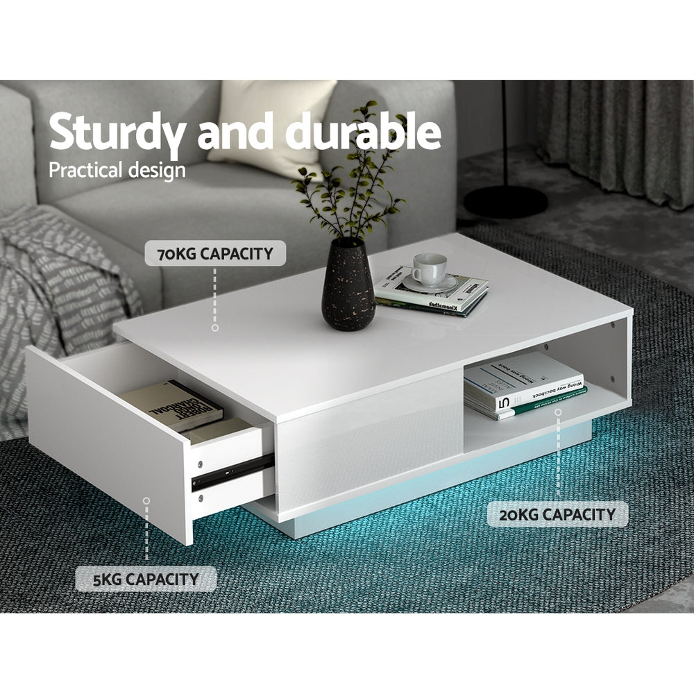 Artiss Coffee Table LED Lights High Gloss Storage Drawer Modern Furniture White-Furniture > Living Room - Peroz Australia - Image - 7
