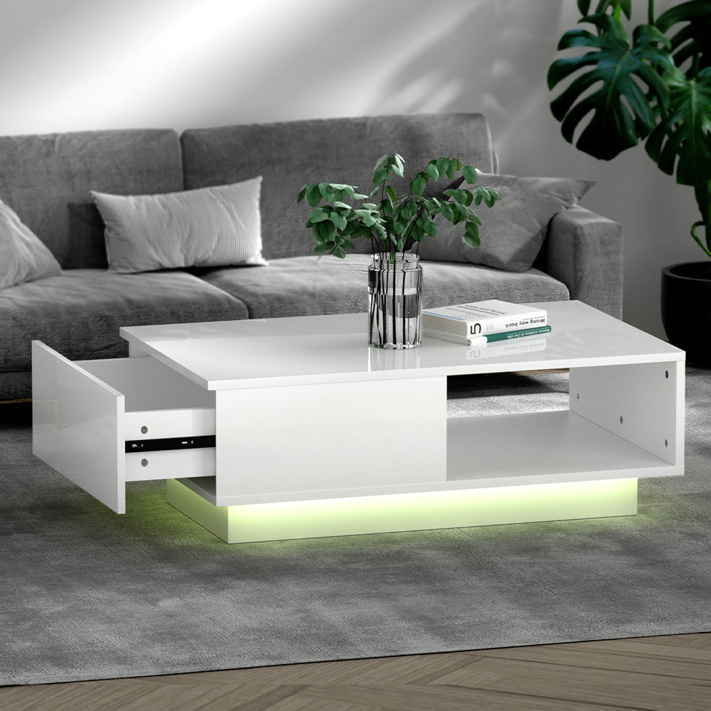 Artiss Coffee Table LED Lights High Gloss Storage Drawer Modern Furniture White-Furniture > Living Room - Peroz Australia - Image - 1