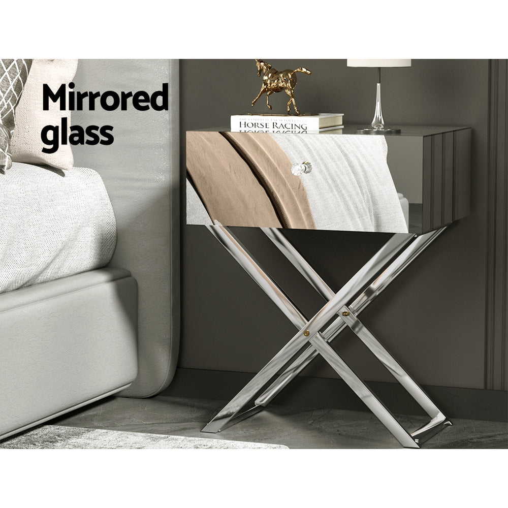 Artiss Mirrored Bedside Table Side End Table Drawers Nightstand Bedroom Silver-Furniture > Bedroom-PEROZ Accessories