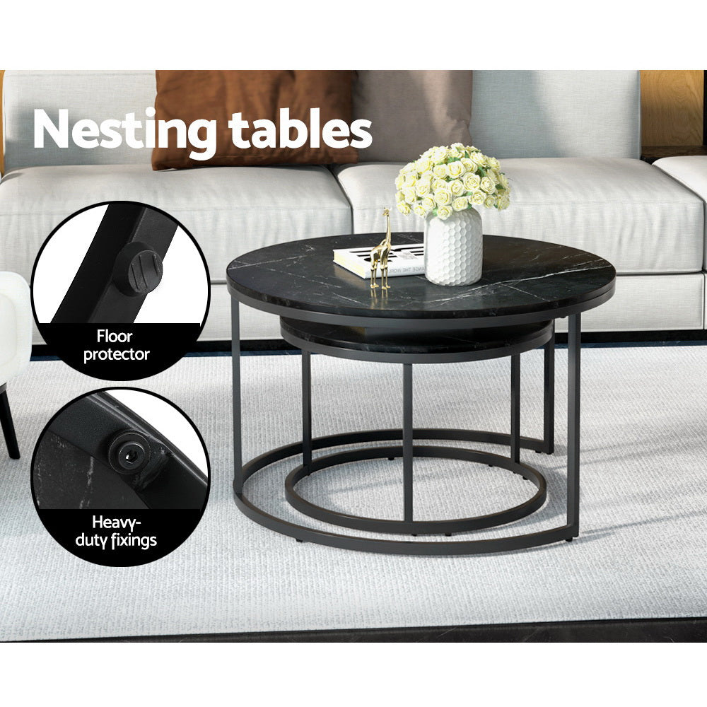Artiss Nesting Coffee Tables Set of 2 Marble-effect Top 80/60CM Black Metal Base-Furniture > Living Room-PEROZ Accessories