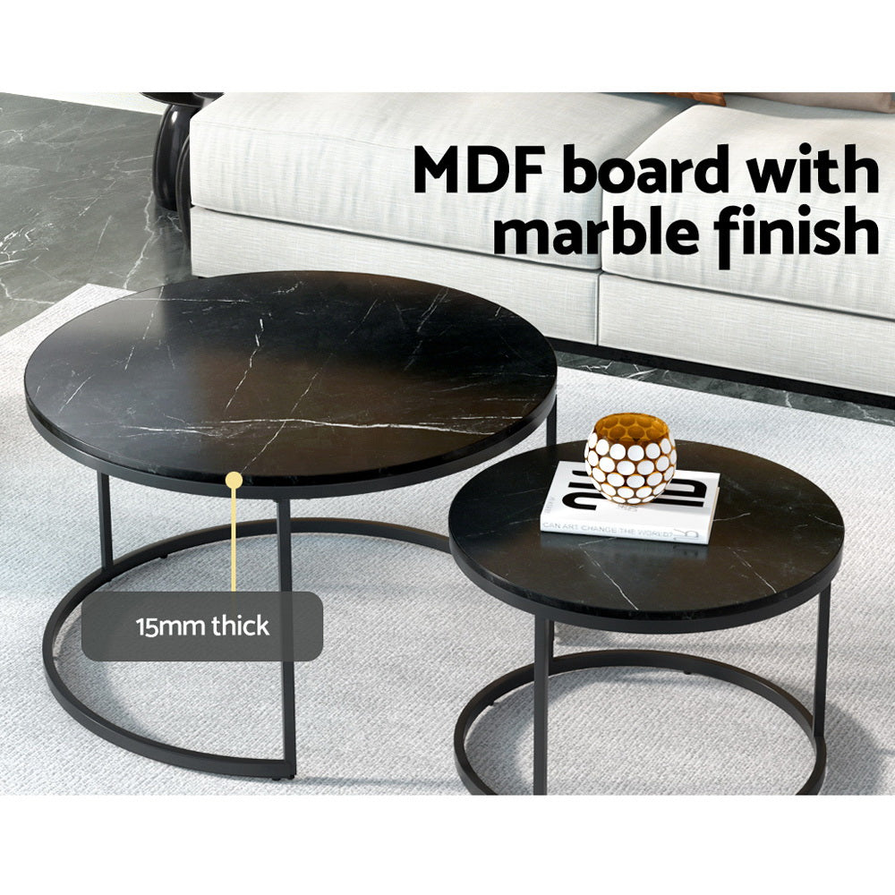 Artiss Nesting Coffee Tables Set of 2 Marble-effect Top 80/60CM Black Metal Base-Furniture > Living Room-PEROZ Accessories