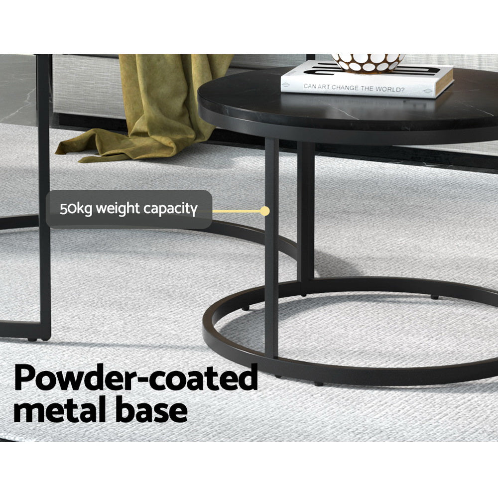 Artiss Nesting Coffee Tables Set of 2 Marble-effect Top 80/60CM Black Metal Base-Furniture > Living Room-PEROZ Accessories