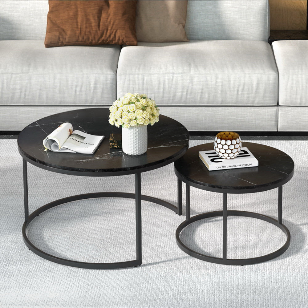 Artiss Nesting Coffee Tables Set of 2 Marble-effect Top 80/60CM Black Metal Base-Furniture > Living Room-PEROZ Accessories
