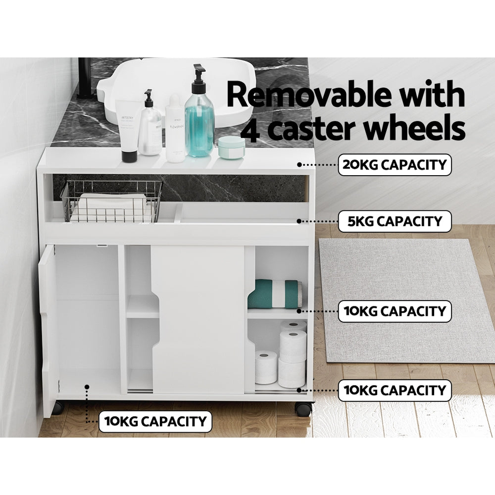 Artiss Bathroom Storage Cabinet Toilet Caddy Shelf 3 Doors With Wheels White-Furniture > Bathroom-PEROZ Accessories