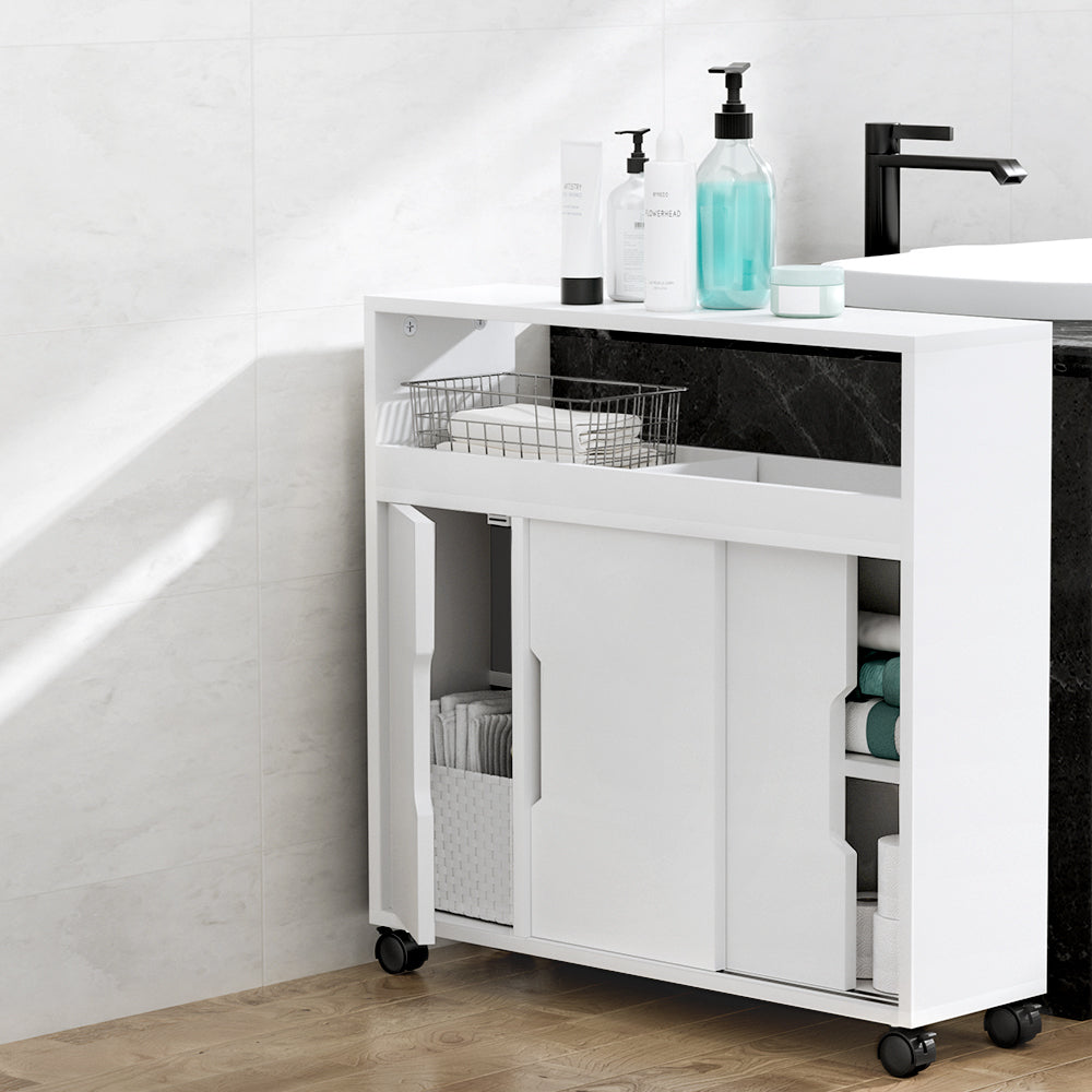 Artiss Bathroom Storage Cabinet Toilet Caddy Shelf 3 Doors With Wheels White-Furniture > Bathroom-PEROZ Accessories