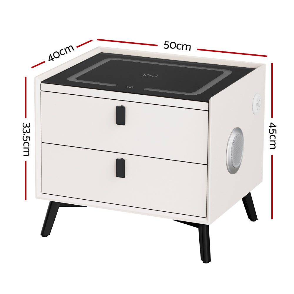 Artiss Smart Bedside Table 2 Drawers with Wireless Charging Ports LED White AIKA-Furniture > Bedroom-PEROZ Accessories