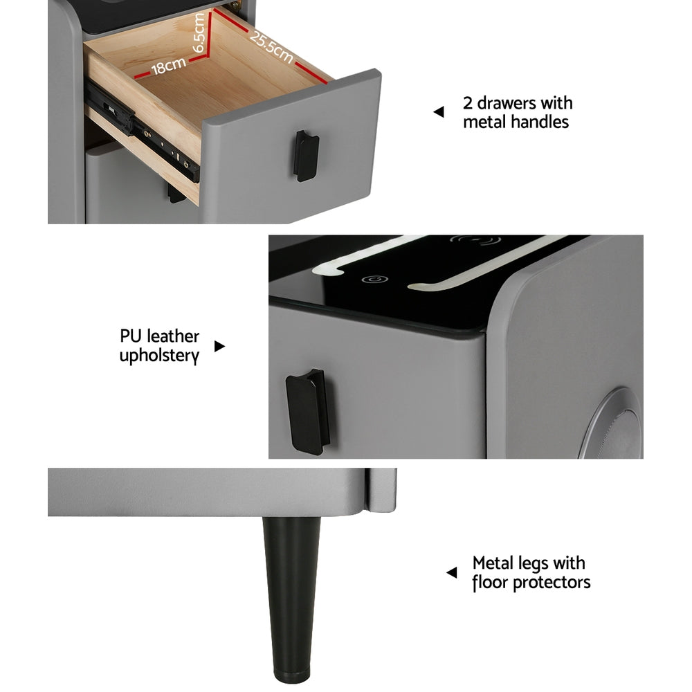 Artiss Smart Bedside Table 2 Drawers with Wireless Charging Ports LED Grey AIDA-Furniture > Bedroom-PEROZ Accessories