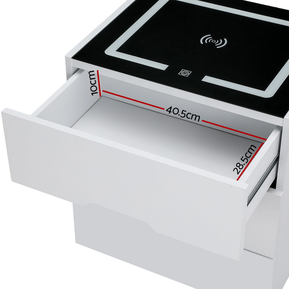 Artiss Smart Bedside Table 3 Drawers with Wireless Charging Ports LED White ADAD-Furniture > Bedroom-PEROZ Accessories