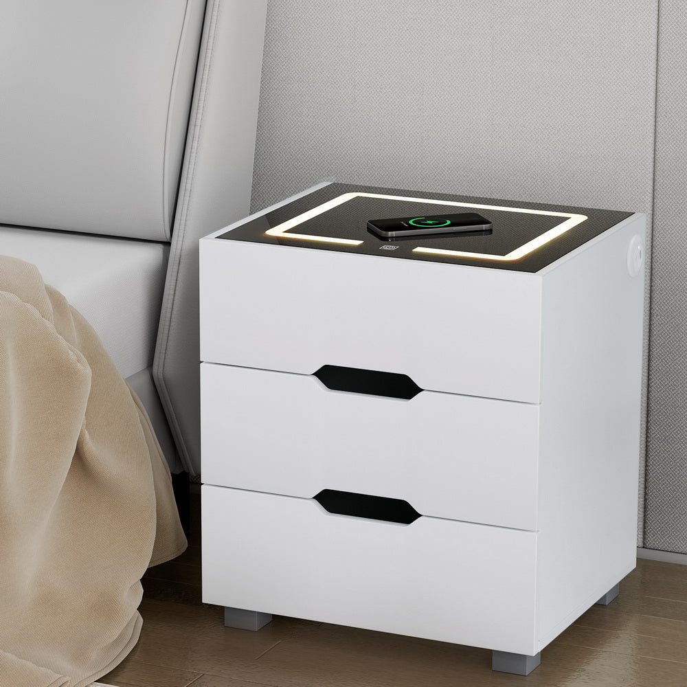 Artiss Smart Bedside Table 3 Drawers with Wireless Charging Ports LED White ADAD-Furniture > Bedroom-PEROZ Accessories