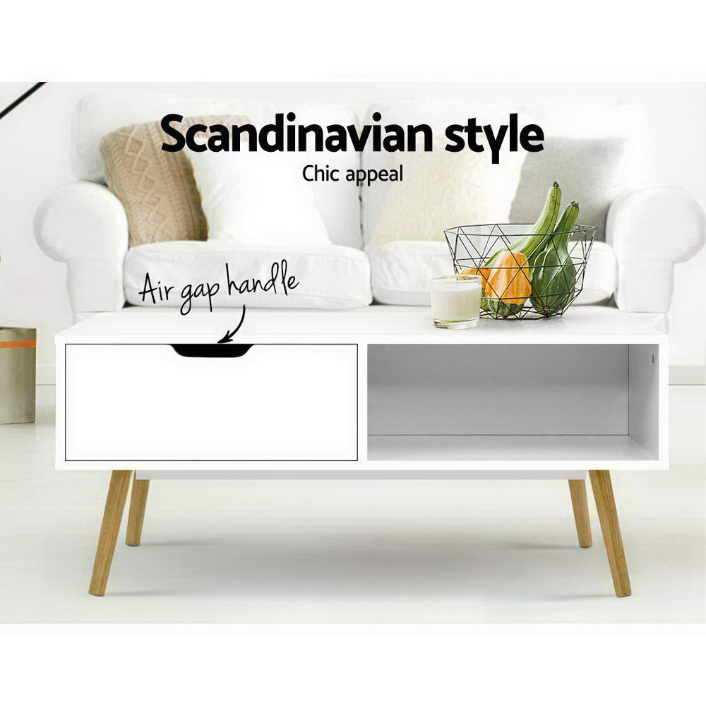 Artiss Coffee Table Storage Drawer Open Shelf Wooden Legs Scandinavian White-Furniture > Living Room - Peroz Australia - Image - 3