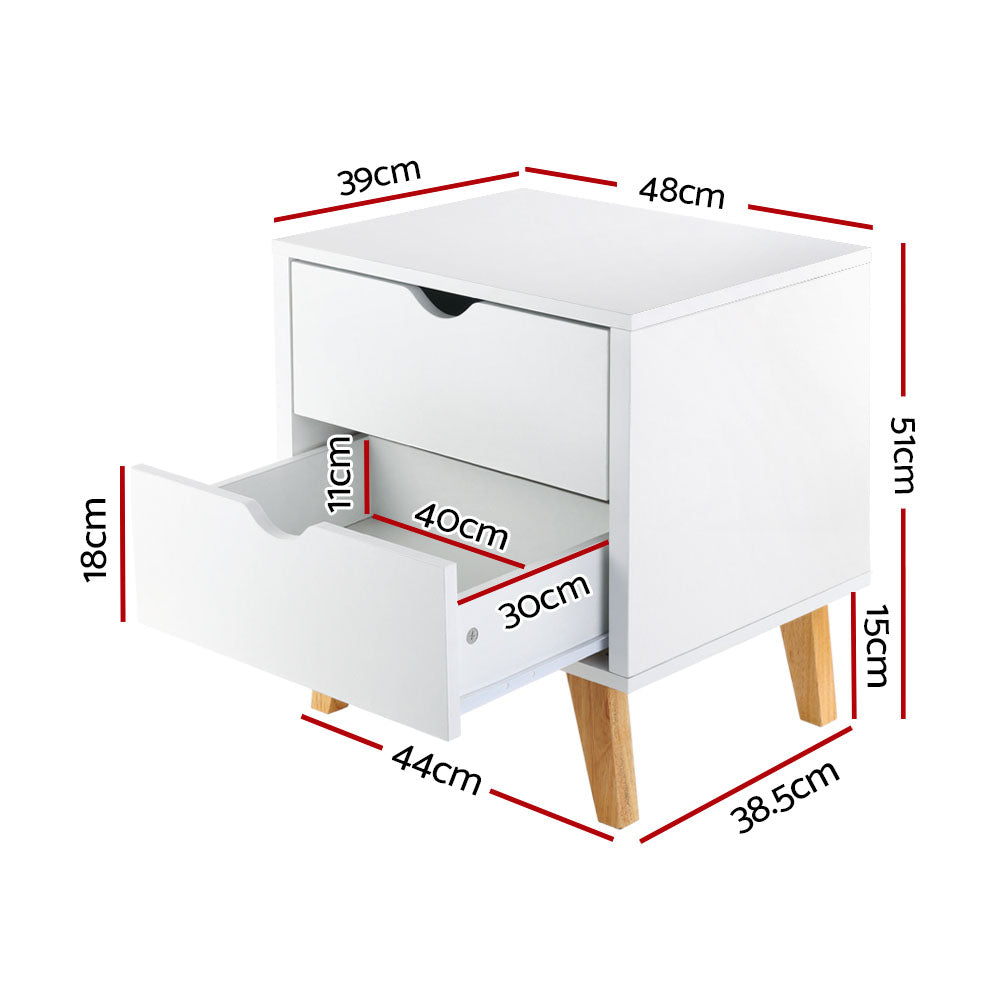 Artiss 2 Drawer Wooden Bedside Tables - White-Furniture > Bedroom - Peroz Australia - Image - 3