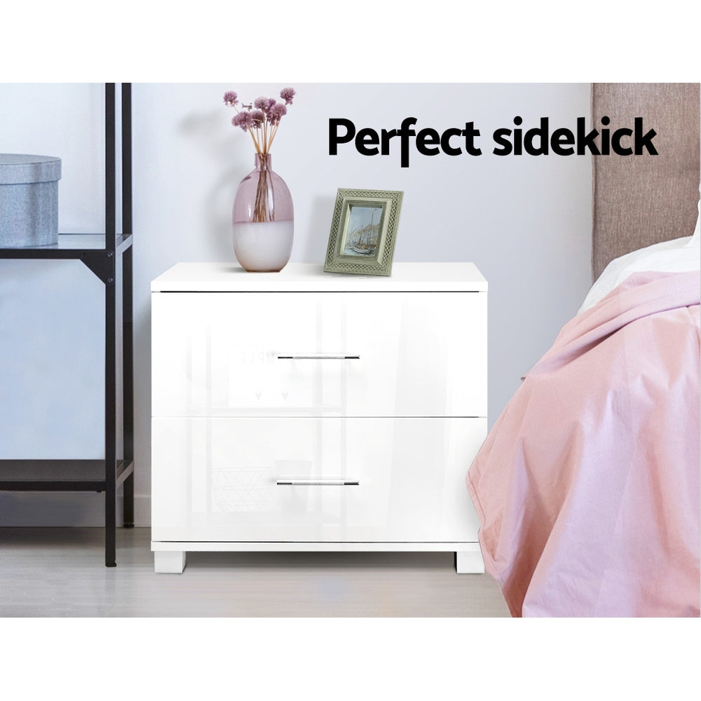 Artiss High Gloss Two Drawers Bedside Table - White-Furniture > Bedroom - Peroz Australia - Image - 4