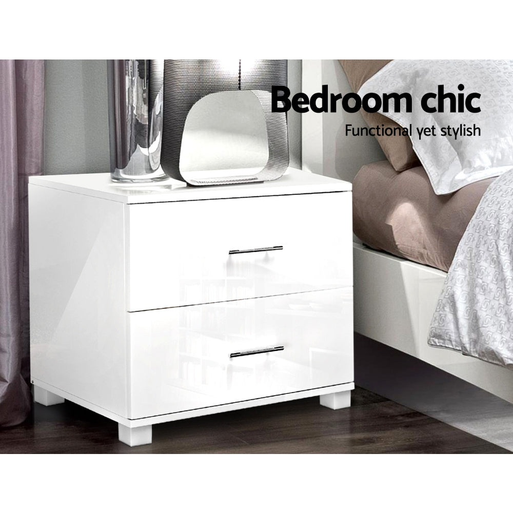 Artiss High Gloss Two Drawers Bedside Table - White-Furniture > Bedroom - Peroz Australia - Image - 5
