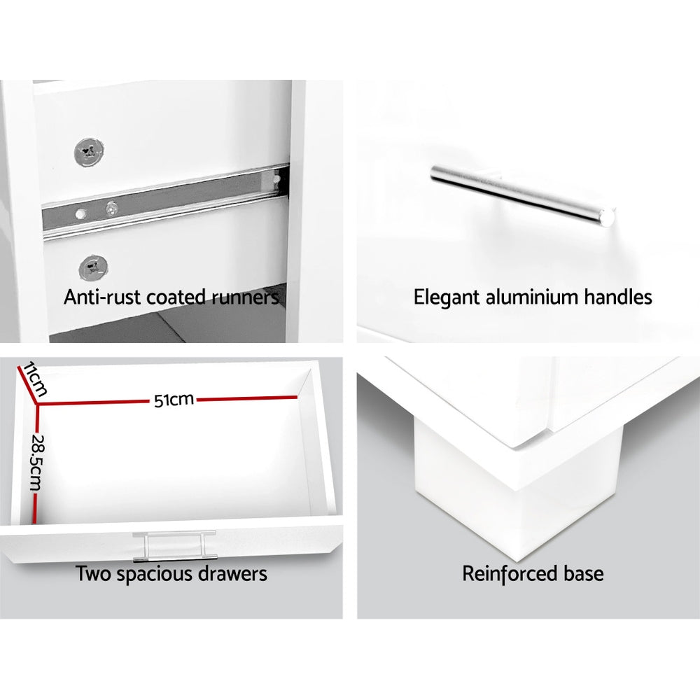 Artiss High Gloss Two Drawers Bedside Table - White-Furniture > Bedroom - Peroz Australia - Image - 6