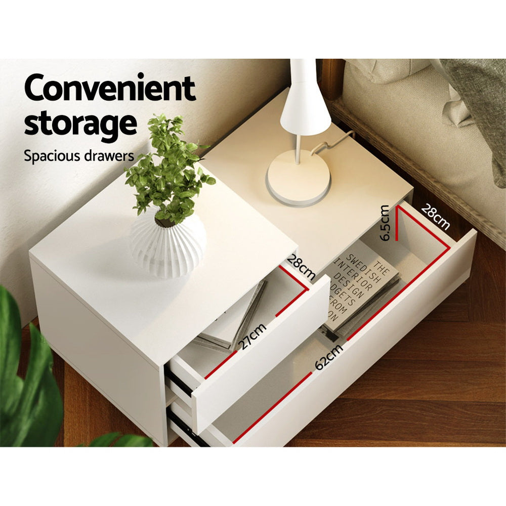 Artiss Bedside Tables 2 Drawers Side Table RGB LED High Gloss Nightstand White-Furniture > Bedroom - Peroz Australia - Image - 6