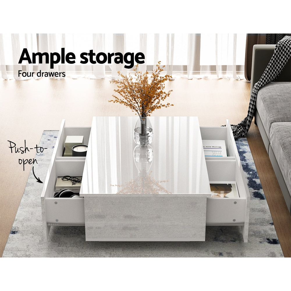 Artiss Modern Coffee Table 4 Storage Drawers High Gloss Living Room Furniture White-Furniture > Living Room - Peroz Australia - Image - 4