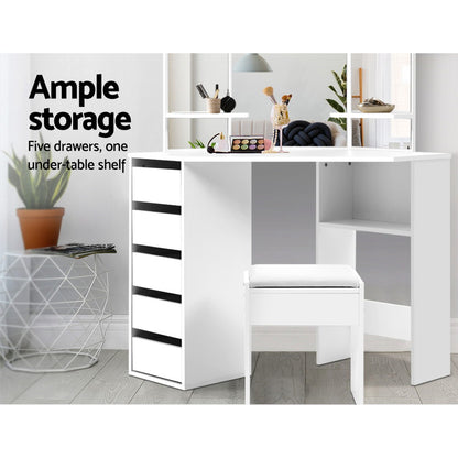 Artiss Corner Dressing Table With Mirror Stool White Mirrors Makeup Tables Chair-Furniture &gt; Bedroom - Peroz Australia - Image - 4